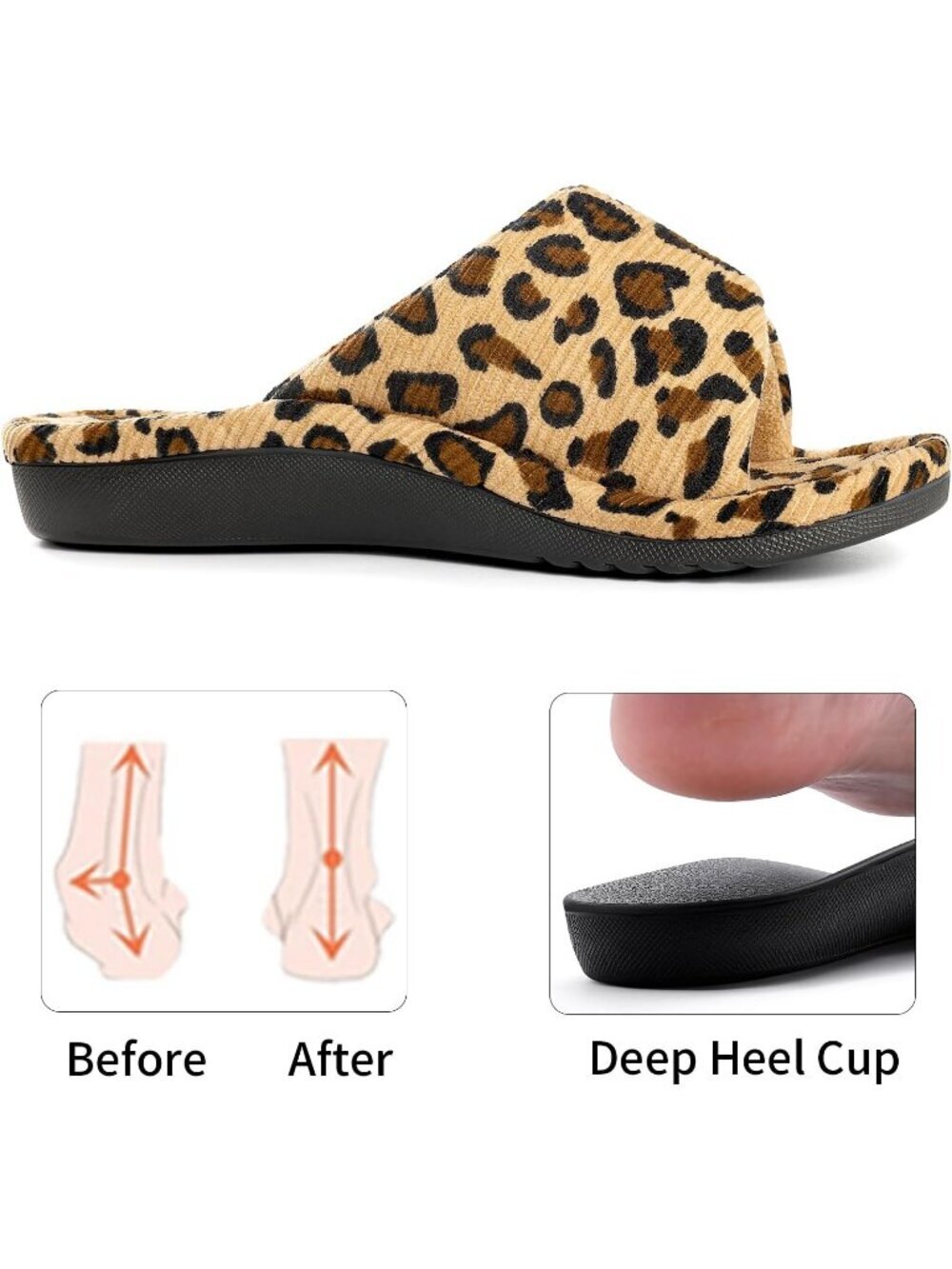 Women's Leopard Orthopedic Arch Support Indoor Corduroy Open Toe Slipper Shoes - Picture 4 of 6